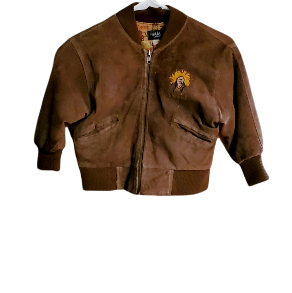 Vintage 1990s Boys Folia Brown Genuine Suede Leather Bomber Full Zip Jacket